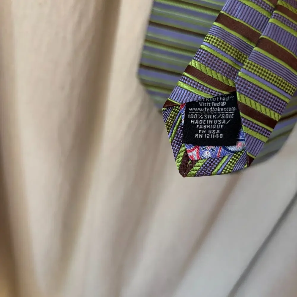 Ted Baker London 100% Silk Tie Blue Purple Green Brown Striped‎ USA Made
